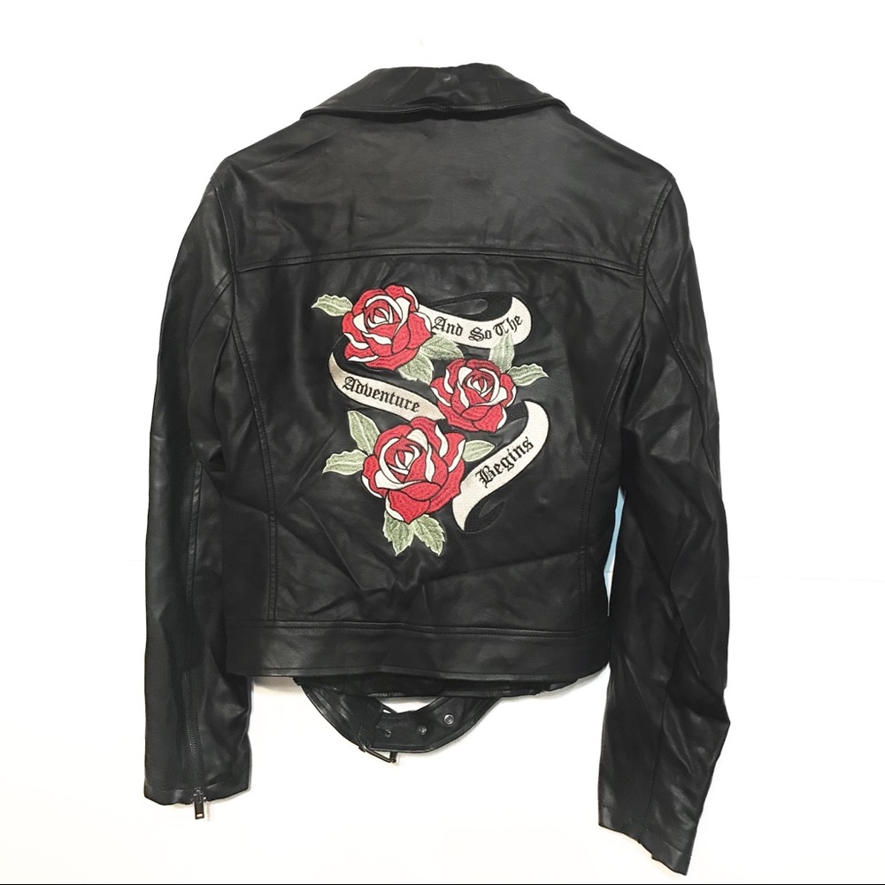Black Leather Jacket With Rose Patch